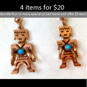 Vintage Southwest Copper Turquoise Kachina Hoop Dancer Pierced Earrings